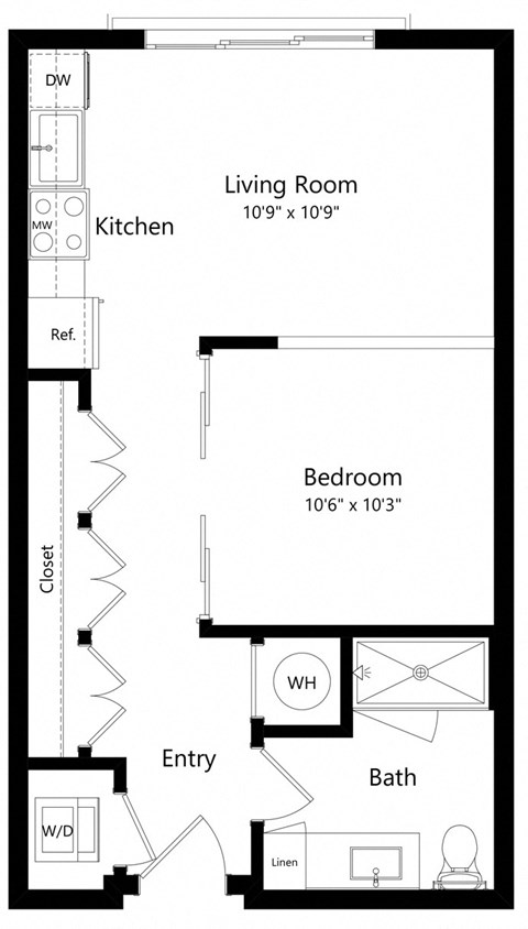 Floor plan for studio, 1 bath, 581 sqft